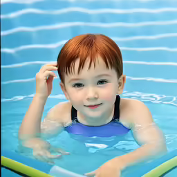 a kid in the pool is smiling for a photo