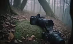 a camera sits on a moss covered rock in the forest