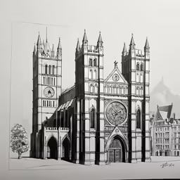 drawing of a gothic cathedral with a clock on the tower