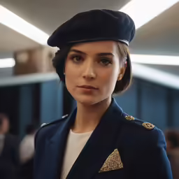 a woman in uniform standing inside an office
