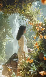 a woman with brown hair standing on a rock in the woods