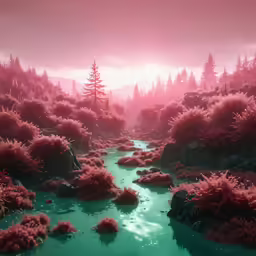 a river running between trees in a pink colored forest