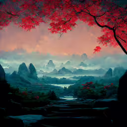 an asian landscape, with rocks and a river,a painting with the color red, and the background is black