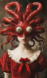 woman with red head, large eyes and huge red hair wearing an octopus mask