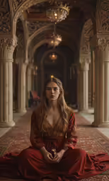 a woman wearing red sitting on the ground