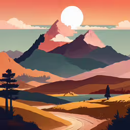 the mountains in this poster have a sun above them,a poster of a mountain landscape that includes a man walking on a path