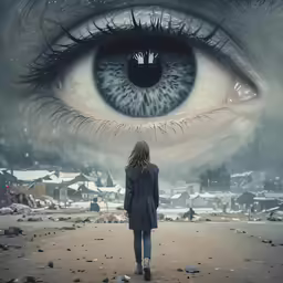 a person walks down a road past an image of a pair of blue eyes