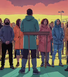 a line of people in colorful outfits with a sky background,people standing in front of an outside bar watching others