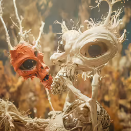 two alien looking figurines are in front of an artificial tree