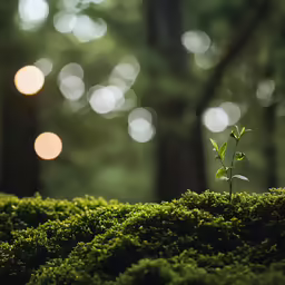 a small plant growing out of a green moss covered ground