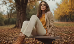 a woman sits in the middle of leaves