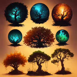 an assortment of eight trees painted in different colors,a series of twelve different trees growing out of small rocks