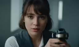 a girl holding a gun in her right hand