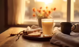 a cup of drink next to a plate of bread on a table