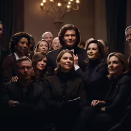 group of people in suits pose for photo
