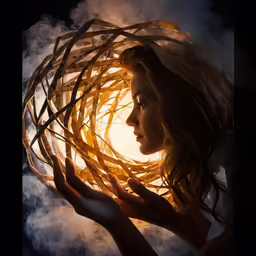 a woman is shown holding some twigs around her