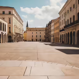 a paved walkway with several old buildings on both sides