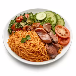 a white plate has food including noodles and veggies