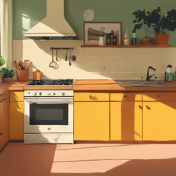 a kitchen has yellow cabinets and green walls