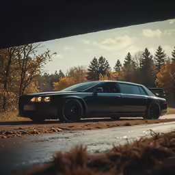 black sedan on the side of the road in a wooded area