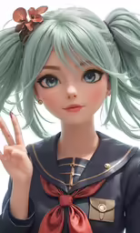 the girl has her fingers up, with a green - haired hair