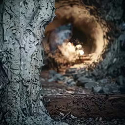 a small dark tunnel with lots of rocks on the ground
