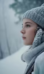 a young woman in a knitted hat standing by the forest