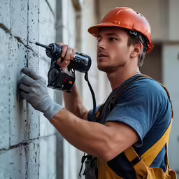 the person is using a driller on a wall