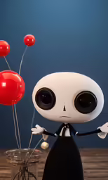 a little skeleton holding up two red balloons