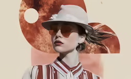 a woman wearing a hat and sunglasses with a large circle of oranges behind her