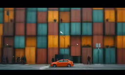 an orange car parked in front of a multi - colored wall