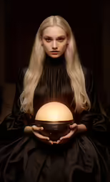 a woman with long blond hair holding a bowl