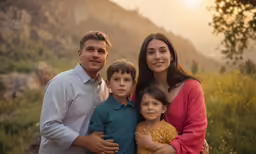 a family poses for a picture at sunset in their backyard