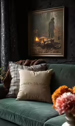 a sofa with pillows and flowers next to a painting on the wall