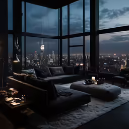 a modern living room that has large windows and couches