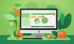 computer screen with green and orange decorations on it,a flat - screen computer with green screen wallpaper