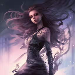 a woman in a dress holding a sword in her hands,a woman in black outfit with long hair, digital painting
