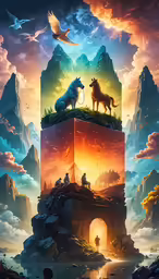 a movie poster of two people standing on a small pyramid surrounded by mountains