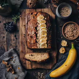 sliced bread with bananas and walnuts on top of a cutting board