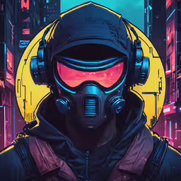 a man wearing headphones and a gas mask,a man wearing a gas mask and headphones