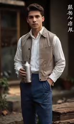 a man in a jacket and tie holding a can