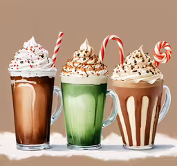 three different beverages with candy canes on them,three glass cups containing beverages with holiday candy canes