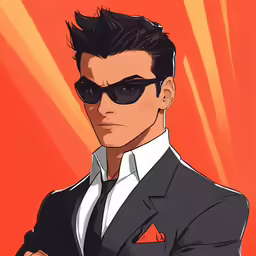 a man in a suit and sunglasses looks at the camera