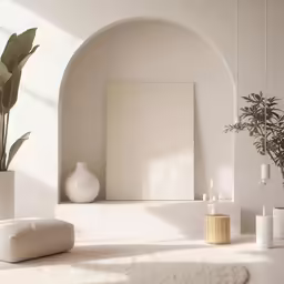 a white room has an arched door and several vases