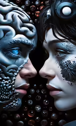 two people with makeup on face next to a brain
