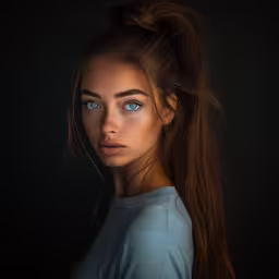 an artistic photo of a young woman,a woman with blue eyes standing in a dark room