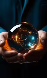 a man in a suit holds a sphere filled with stars