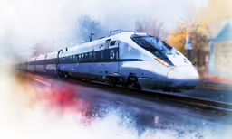 a train driving down the track in the rain