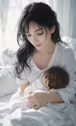 an adult woman holding a baby and smiling at it