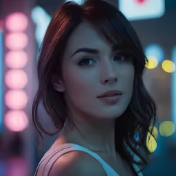 a woman is posing in front of some neon lights